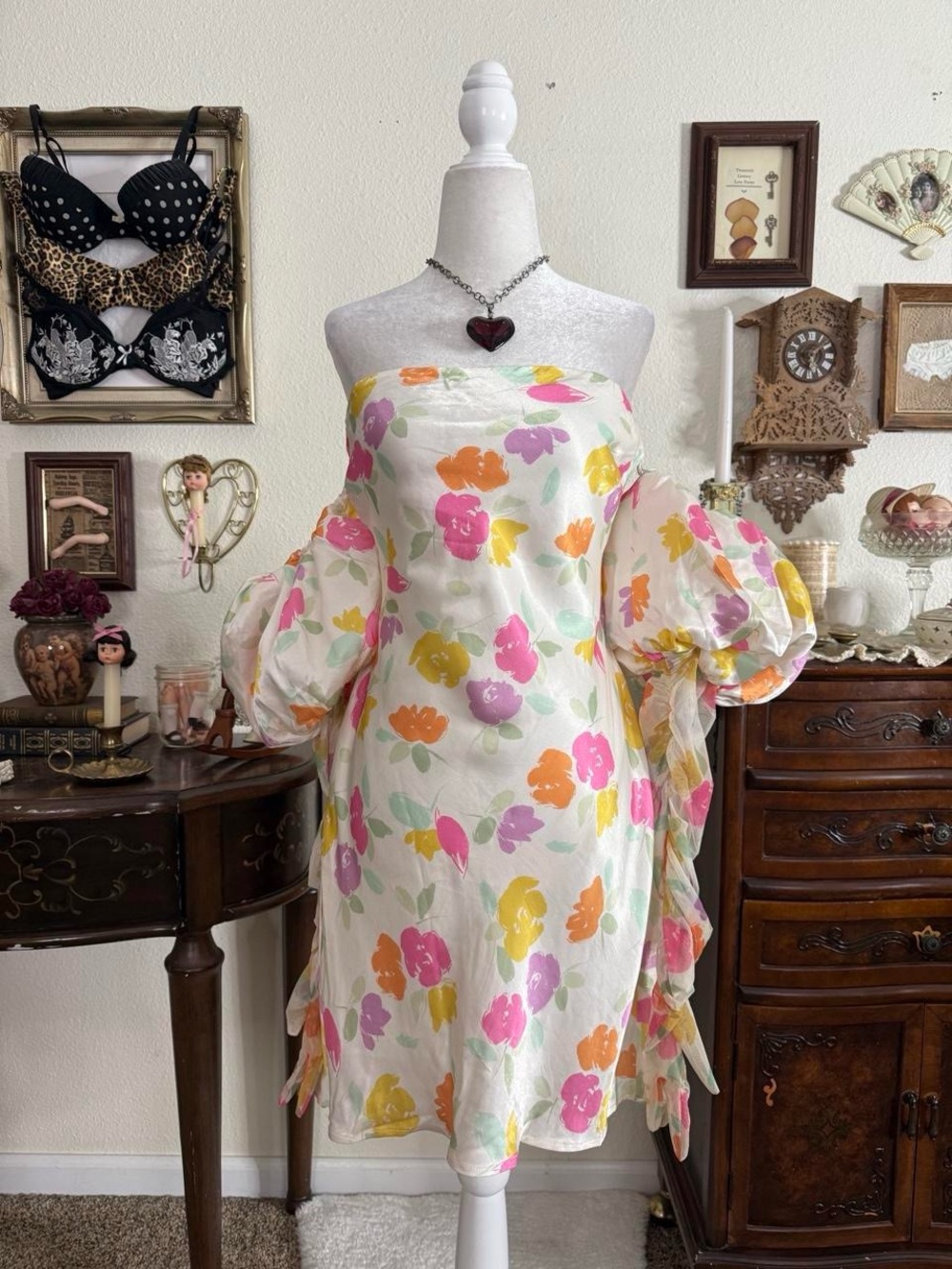 Like-new floral satin eclectic off the shoulder mini dress with low scoop back a